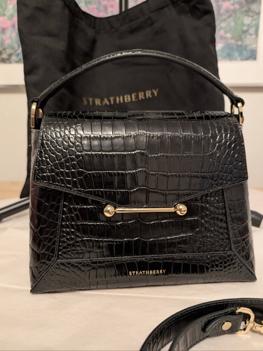Strathberry Mosaic Black Croc-Embossed Top-Handle  Bag